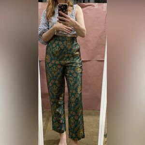 Anthropologie Maeve Melyssa Jacquard Pants Trousers Floral Green and Gold